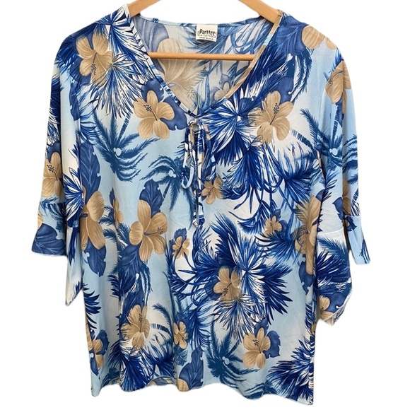 Vintage Parttee Blue Tropical Floral Hawaiian Blouse Top Size Medium - Picture 2 of 11